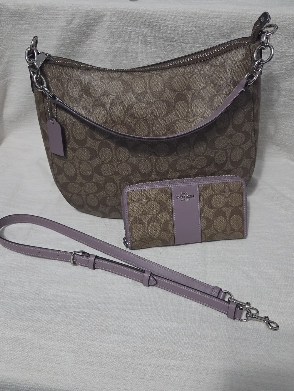 Coach Elle Hobo Bag & Matching Accordion Zip Wallet Set Signature Khaki Lavender